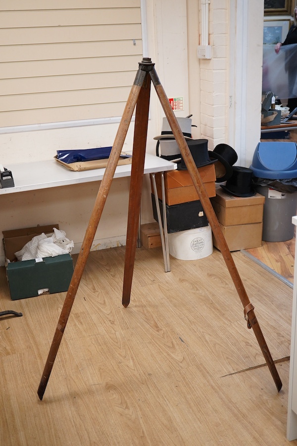 A mid 19th century Elliott Bros., London theodolite and teak tripod, with owner’s engraved name for John Frederick Bateman, the theodolite has been mounted on a later base for display.